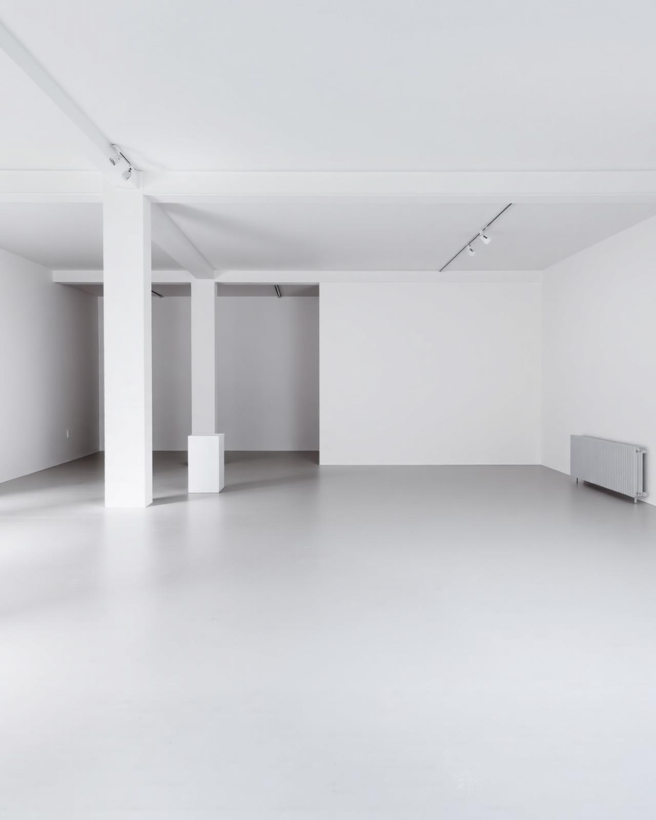 White-cube gallery room with track lighting in Shoreditch